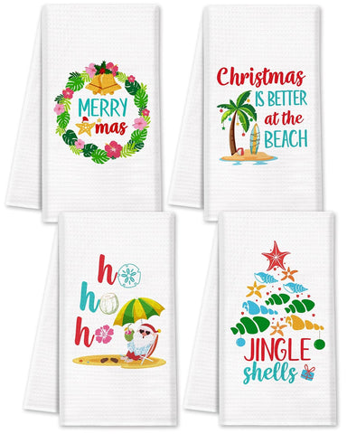 Vansolinne Beach Christmas towels with Hawaii motifs add festive coastal charm to your kitchen.