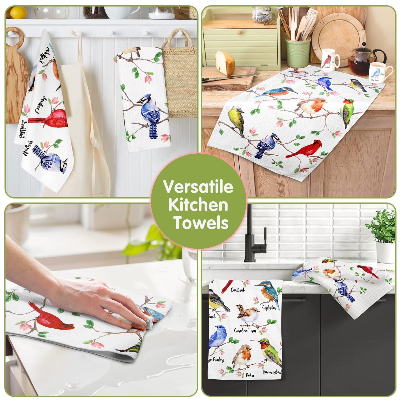 Vansolinne Birds towels feature a goldfinch, a cheerful kitchen companion