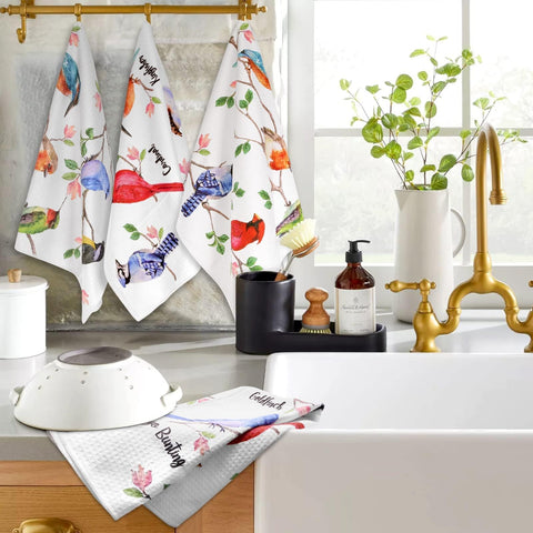 Vansolinne Birds towels with a hummingbird, ideal for absorbent kitchen tasks