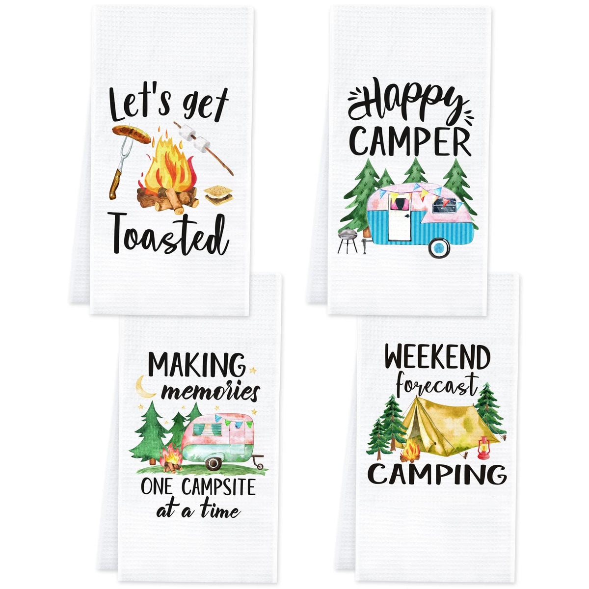Vansolinne four-pack camping towels with dish towel prints for RV kitchens.