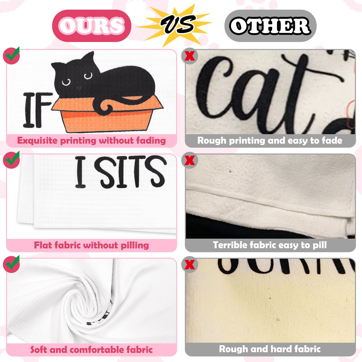 Vansolinne cat kitchen towels close-up design in vibrant colors