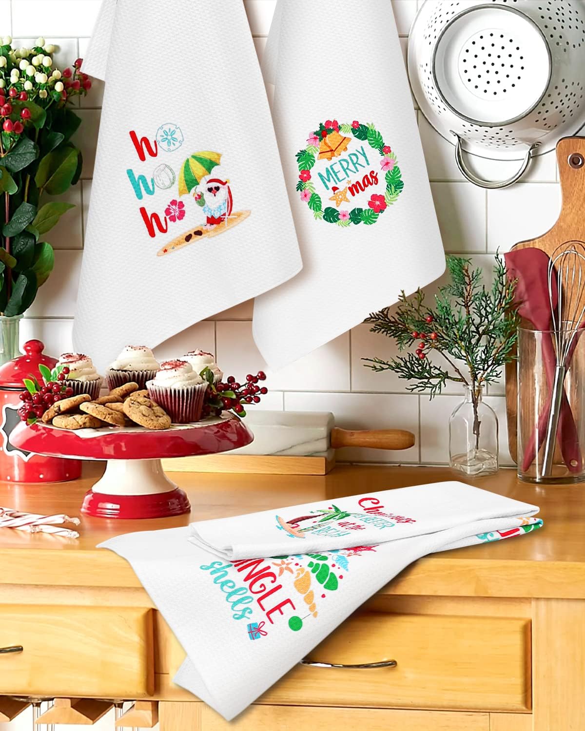 Vansolinne Coastal dish towels with wave patterns brighten drying and hand-wipe tasks.