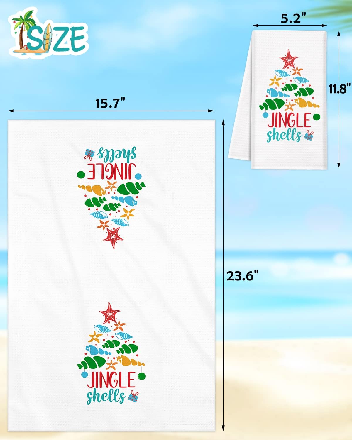 Vansolinne Flour sack tea towels showcase Santa shells for a playful seasonal vibe.