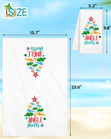 Vansolinne Flour sack tea towels showcase Santa shells for a playful seasonal vibe.