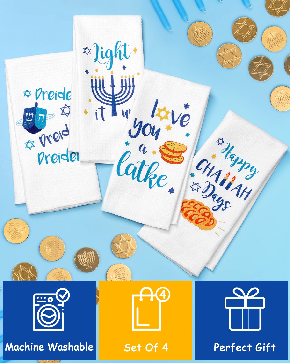 Close-up of Vansolinne towels' vibrant Hanukkah print for festive ambiance.