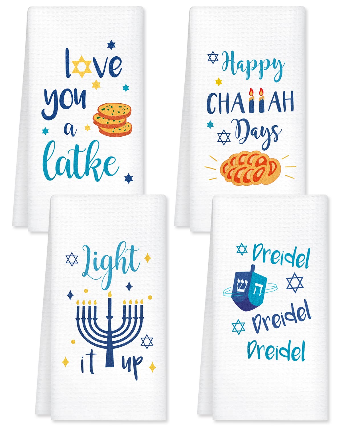 Vansolinne Hanukkah towels displayed on rack for festive kitchen decor.