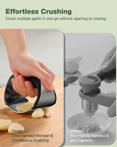 Vantic garlic press ergonomic handle supports comfortable grip during long prep sessions.