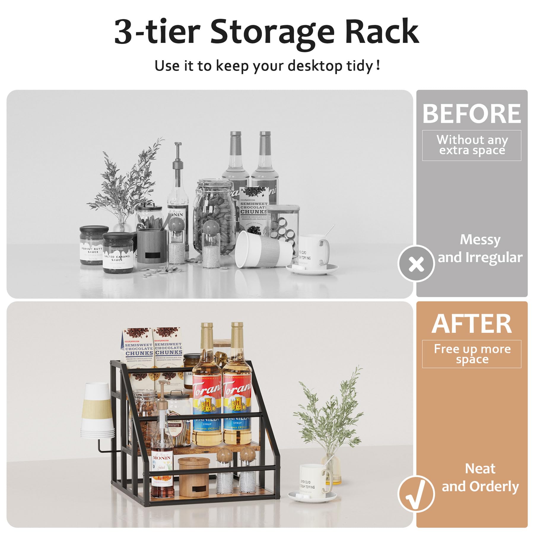 VANTIMO versatile shelf stores syrups, wine, olive oil, and condiments.