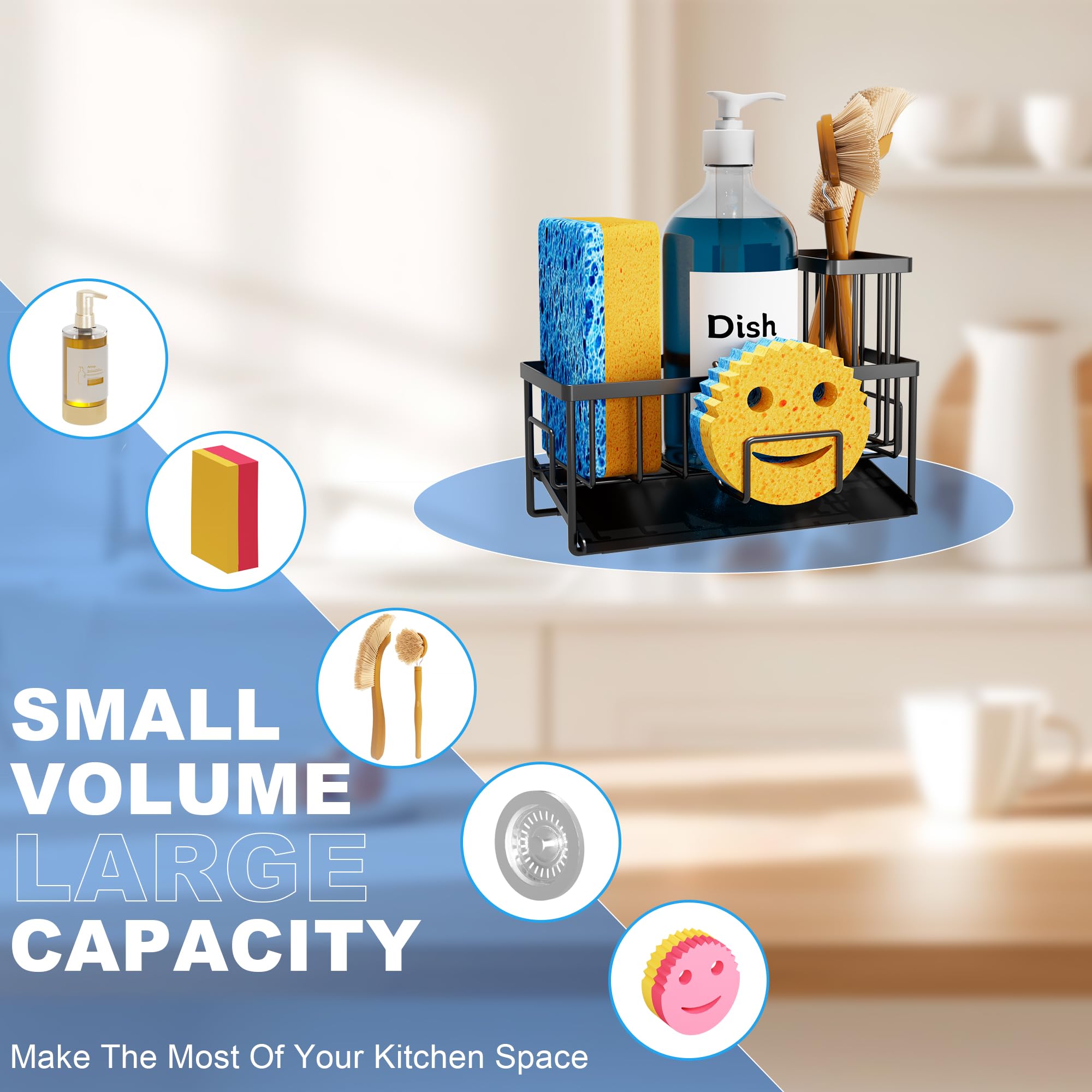 Vanwood three-compartment organizer stores sponge, brush, and bottles neatly.
