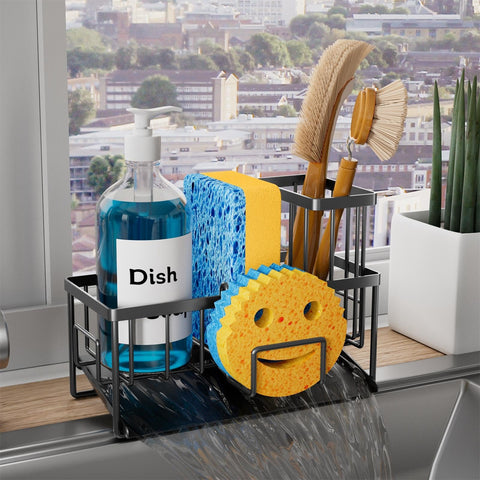 Vanwood sponge holder with self-tray keeps sink area tidy and drains efficiently.
