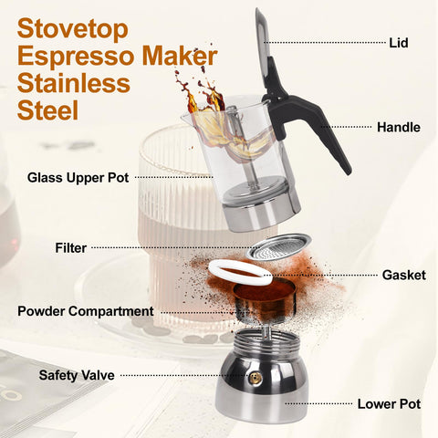 Vaolvpant 4 Cup glass moka pot amber coffee during extraction visible.