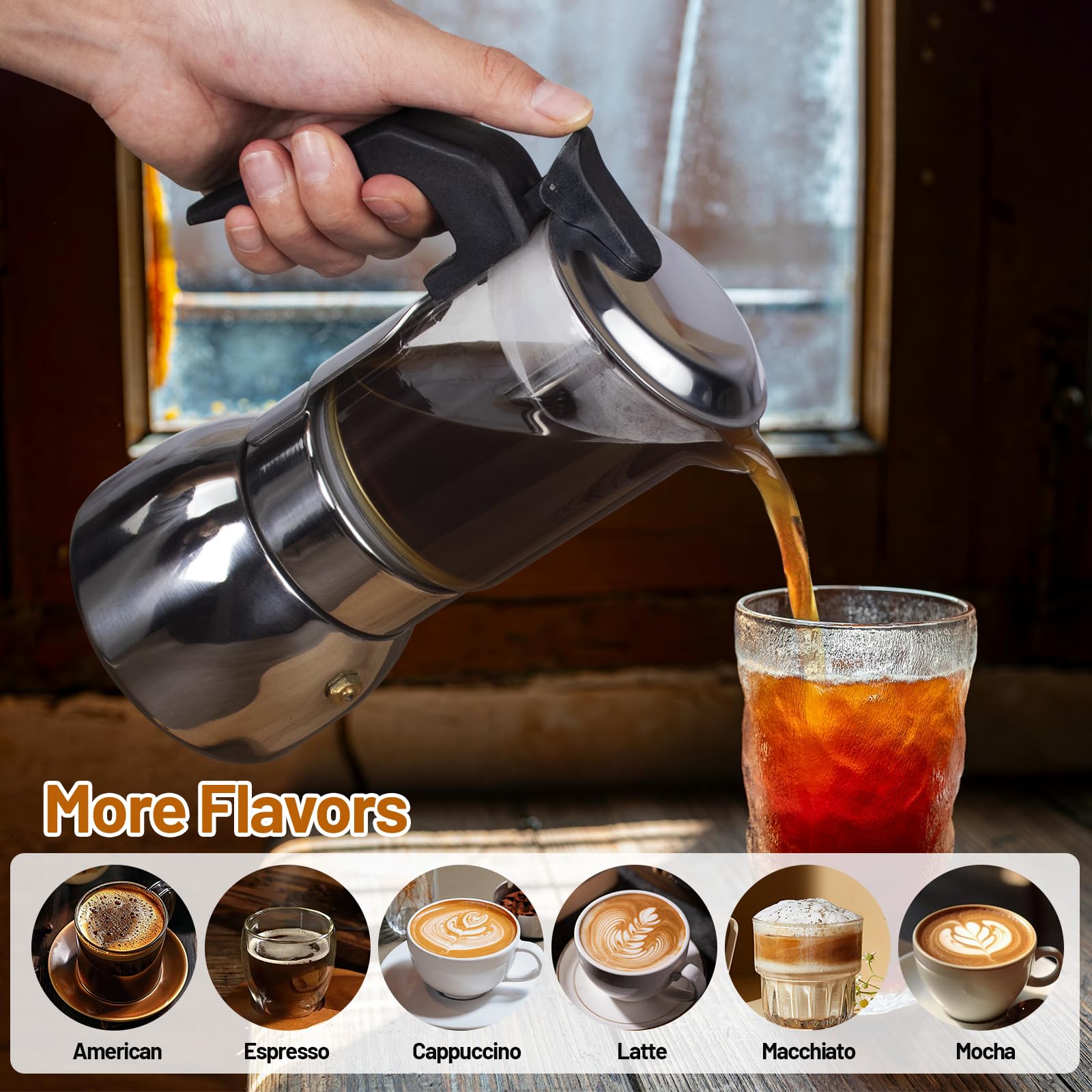 Vaolvpant 4 Cup glass moka pot ergonomic handle for safe pouring.