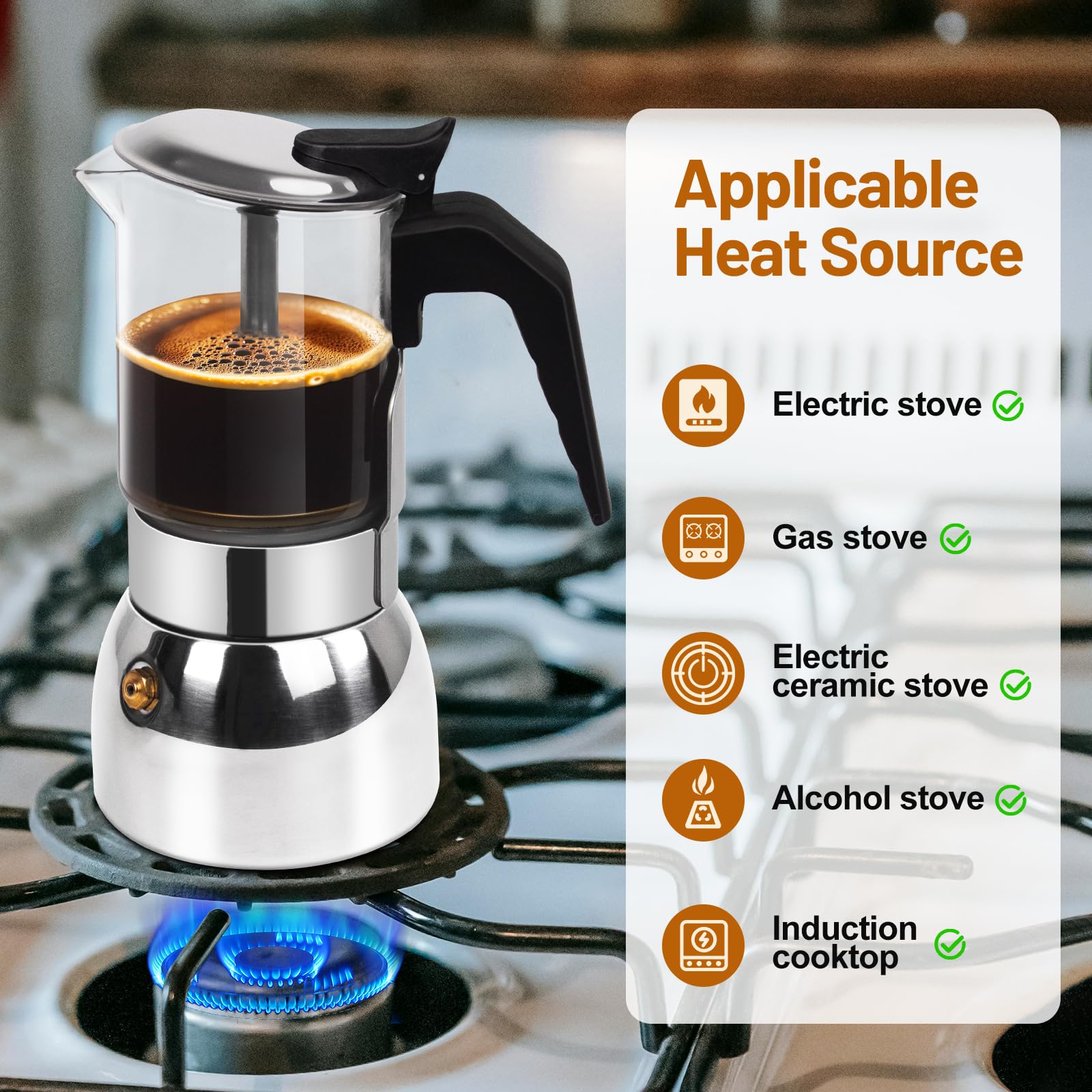 Vaolvpant 4 Cup glass moka pot golden oils forming crema during brew.