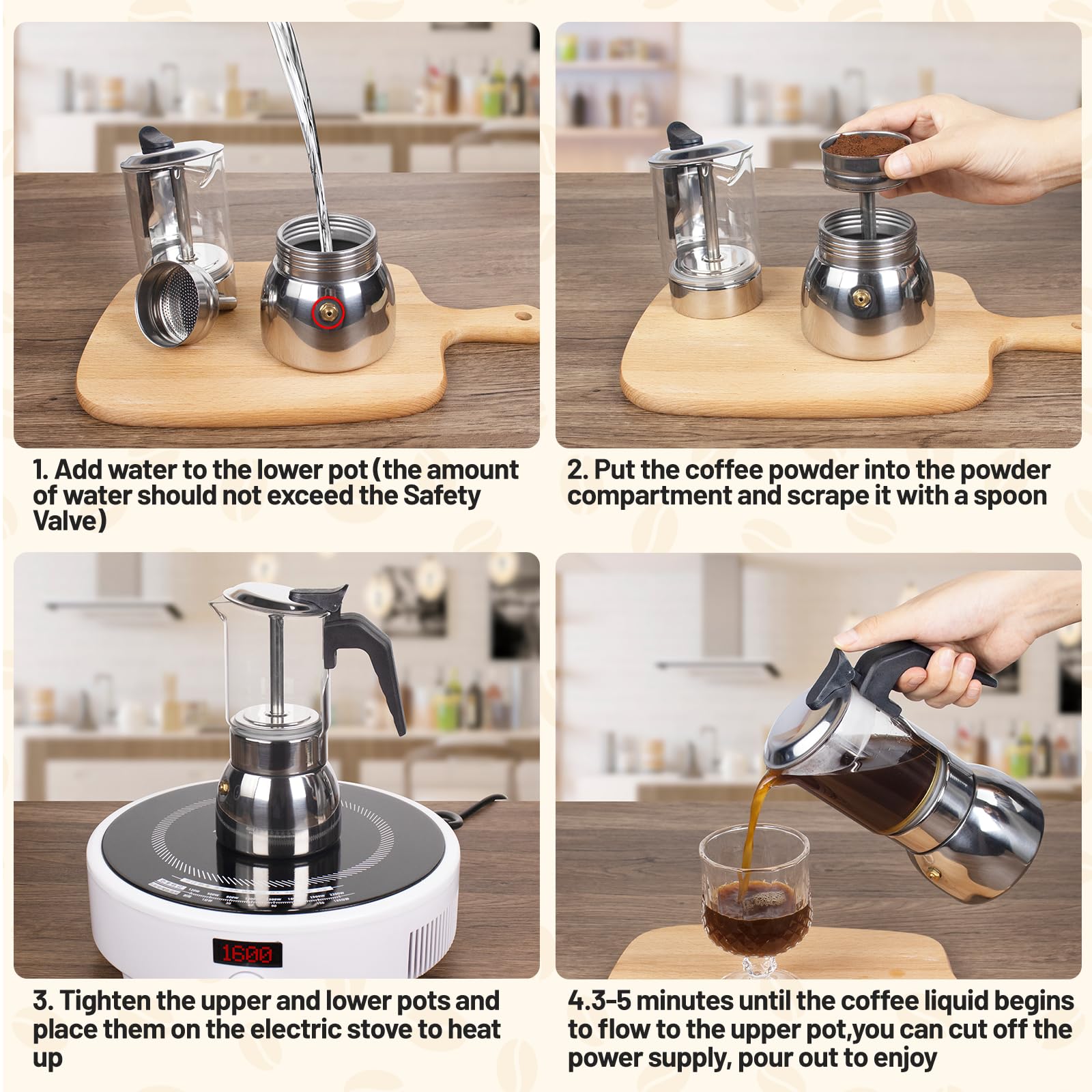 Vaolvpant 4 Cup glass moka pot induction compatible for modern stoves.