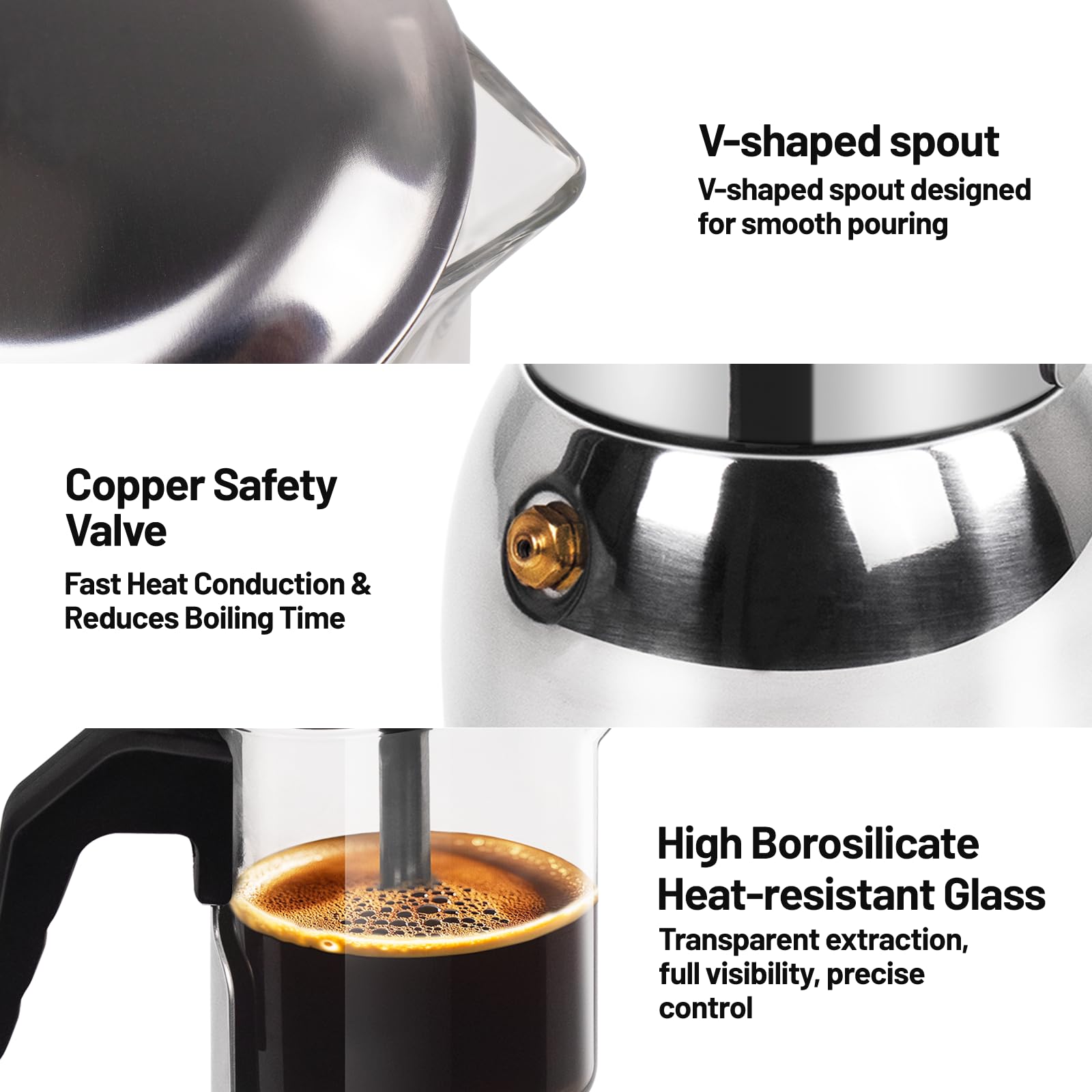 Vaolvpant 4 Cup glass moka pot on gas stove for quick espresso.