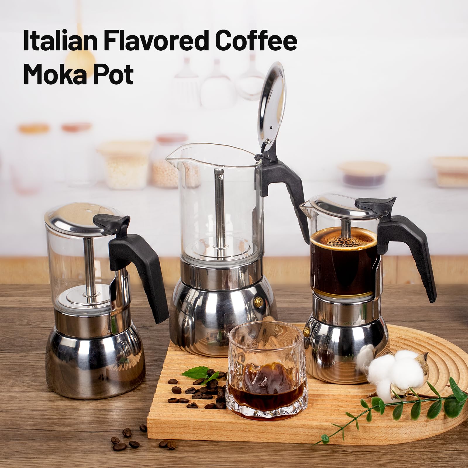 Vaolvpant 4 Cup glass moka pot thickened bottom for durable heating.