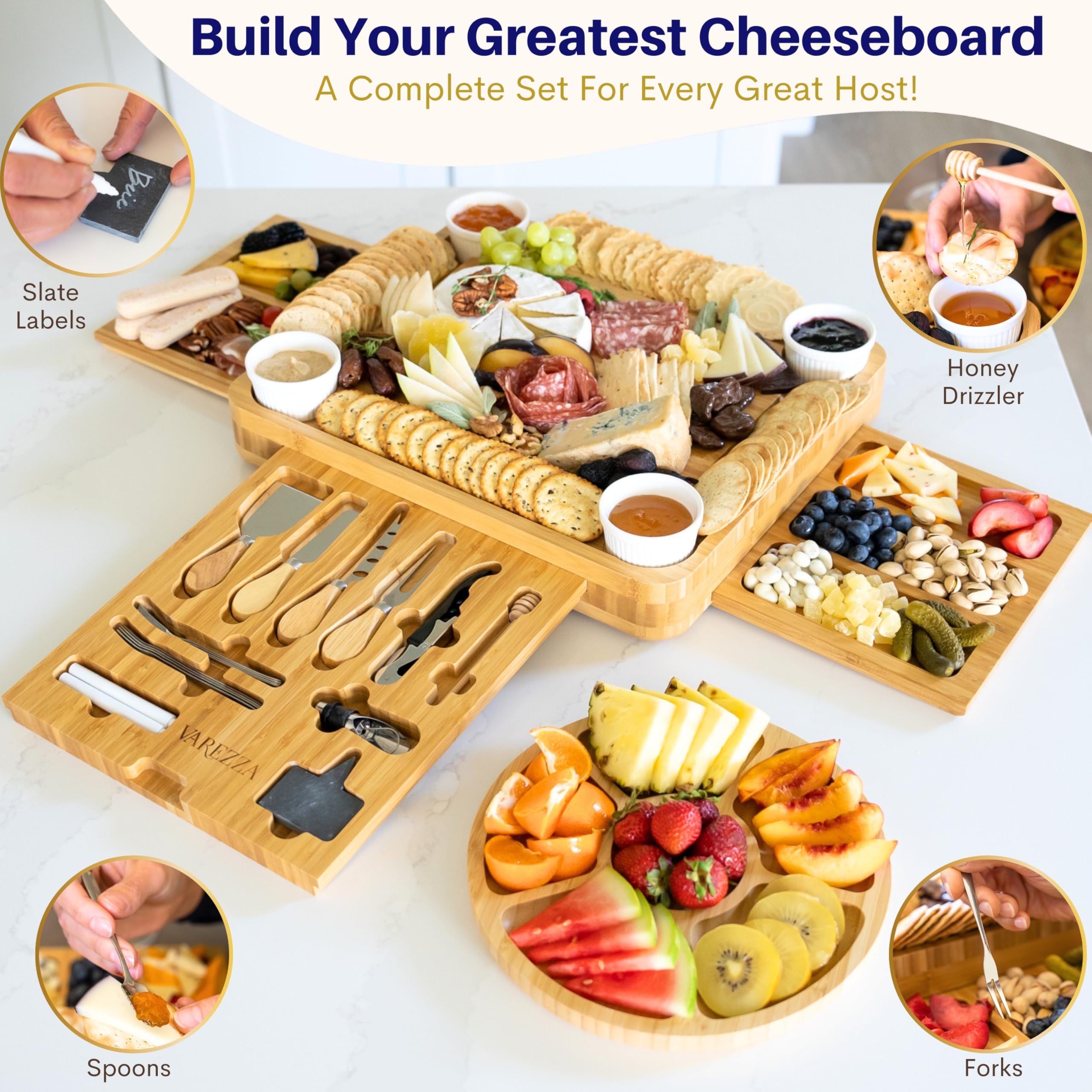 VAREZZA charcuterie board on a dining table setup for elegant entertaining