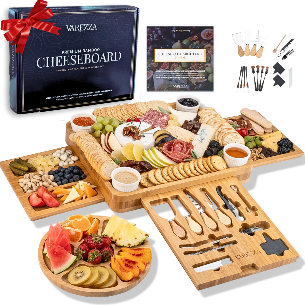 VAREZZA large bamboo charcuterie board with spacious serving area for cheese and fruit