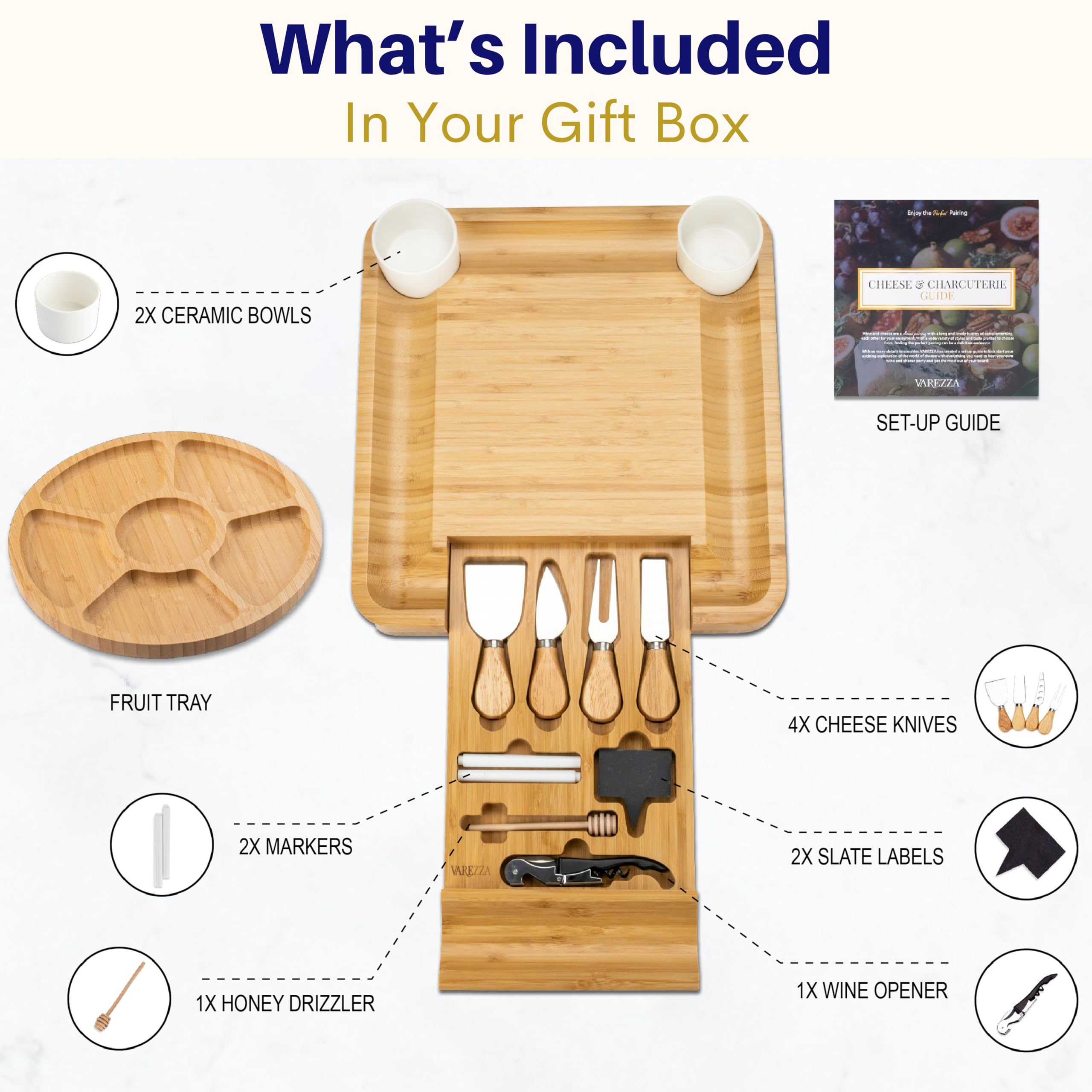 VAREZZA charcuterie board slide-out tray with accessories for quick setup