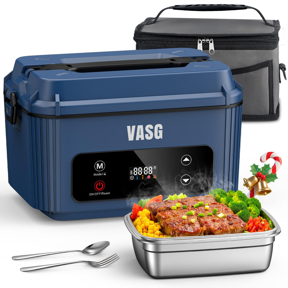 VASG cordless heated lunch box front view showing compact design for office use