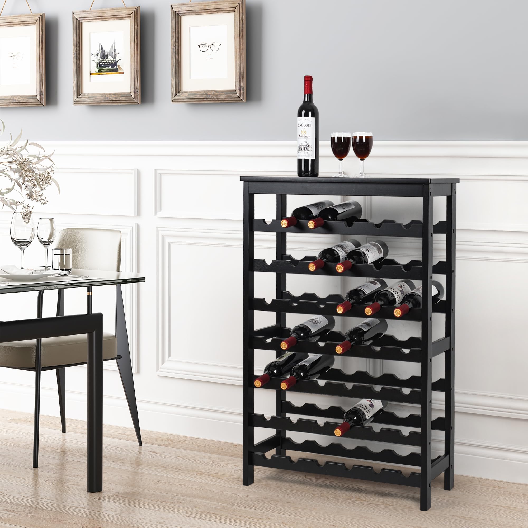 VASMIA bamboo wine rack side view with black finish complements home bars and durability.