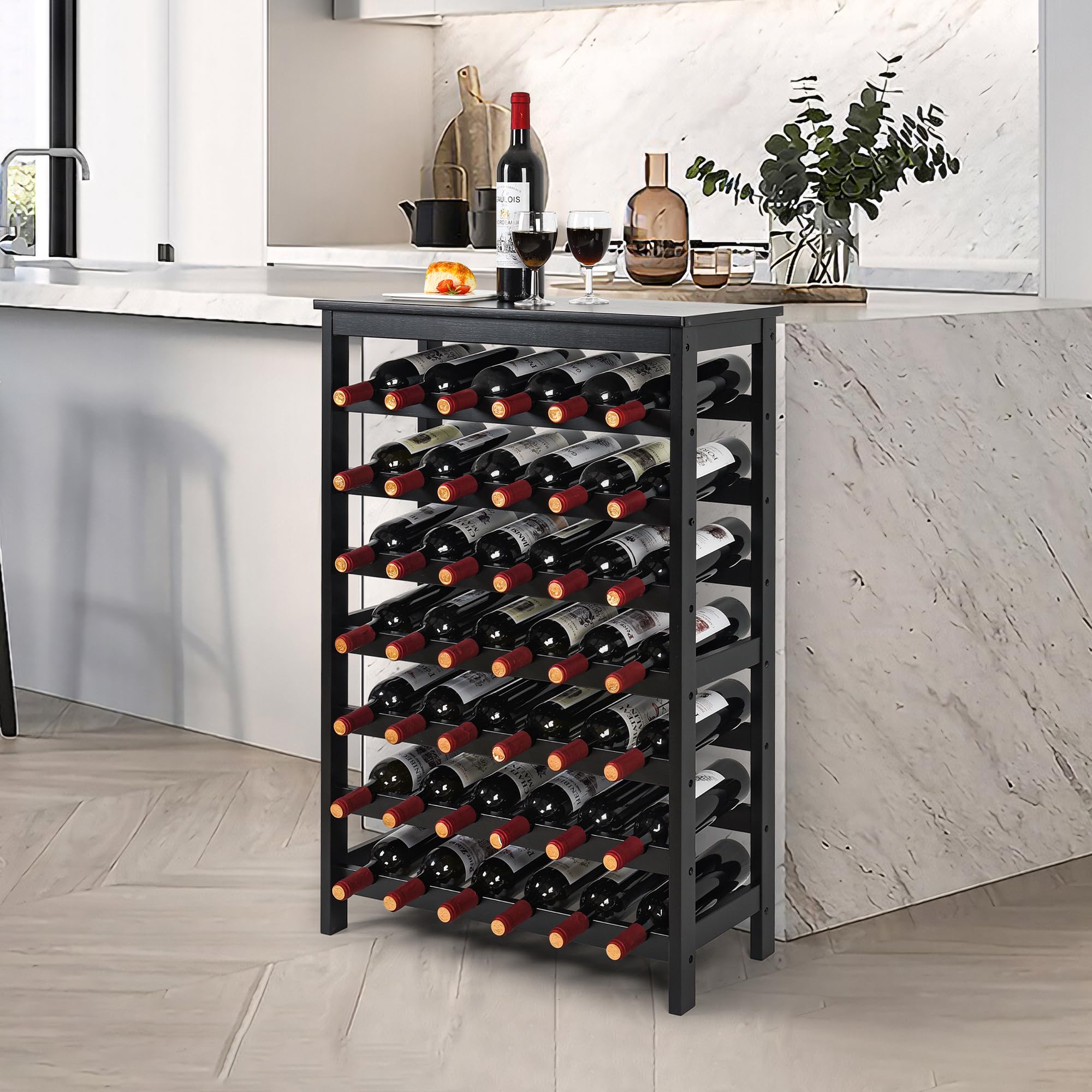 VASMIA 42-bottle rack on table top setup keeps wine within reach during gatherings.