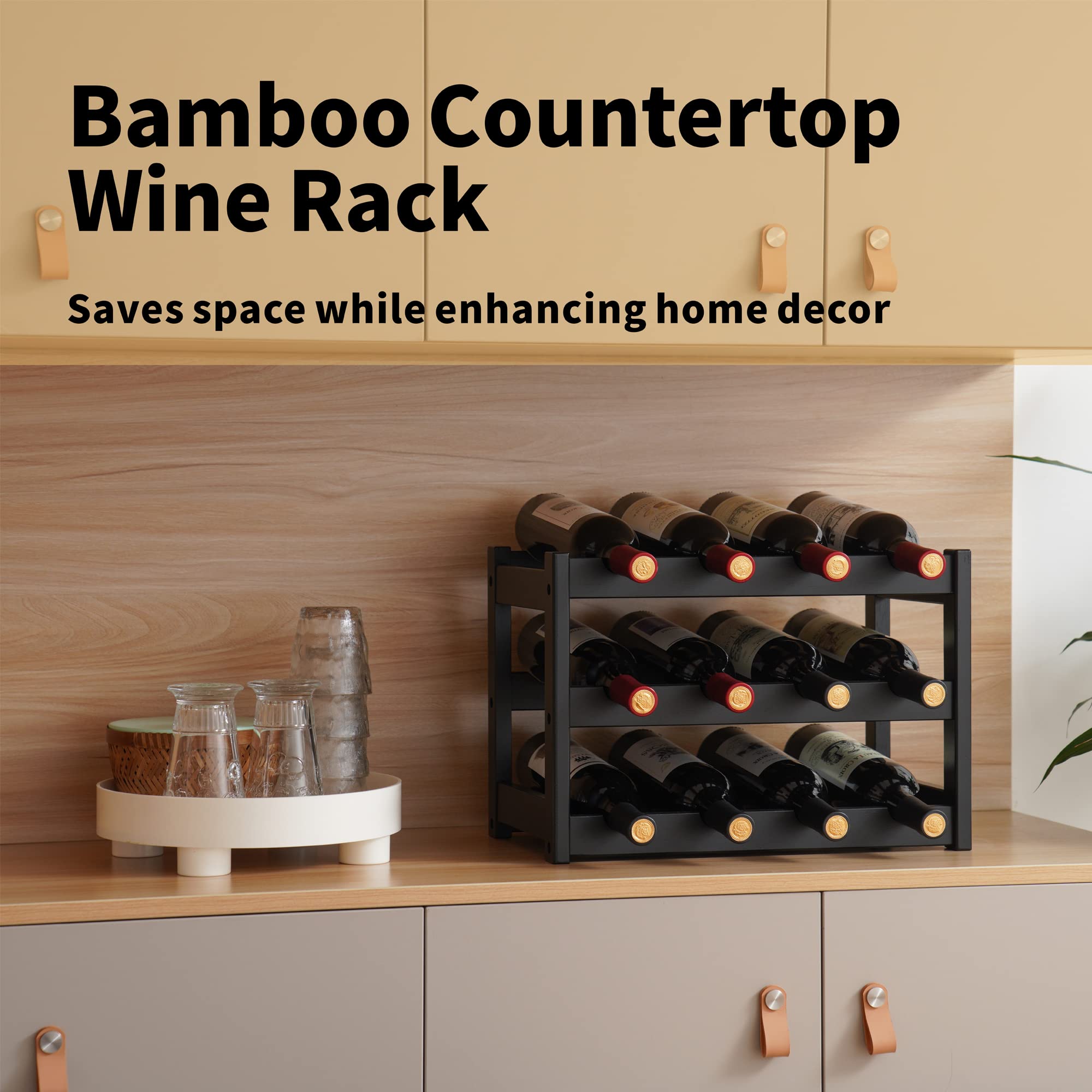 VASMIA Bamboo Wine Rack stores up to 12 bottles on three tiers.