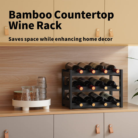 VASMIA Bamboo Wine Rack stores up to 12 bottles on three tiers.
