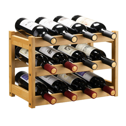 VASMIA bamboo wine rack front view shows a 3-tier design for compact countertop storage.