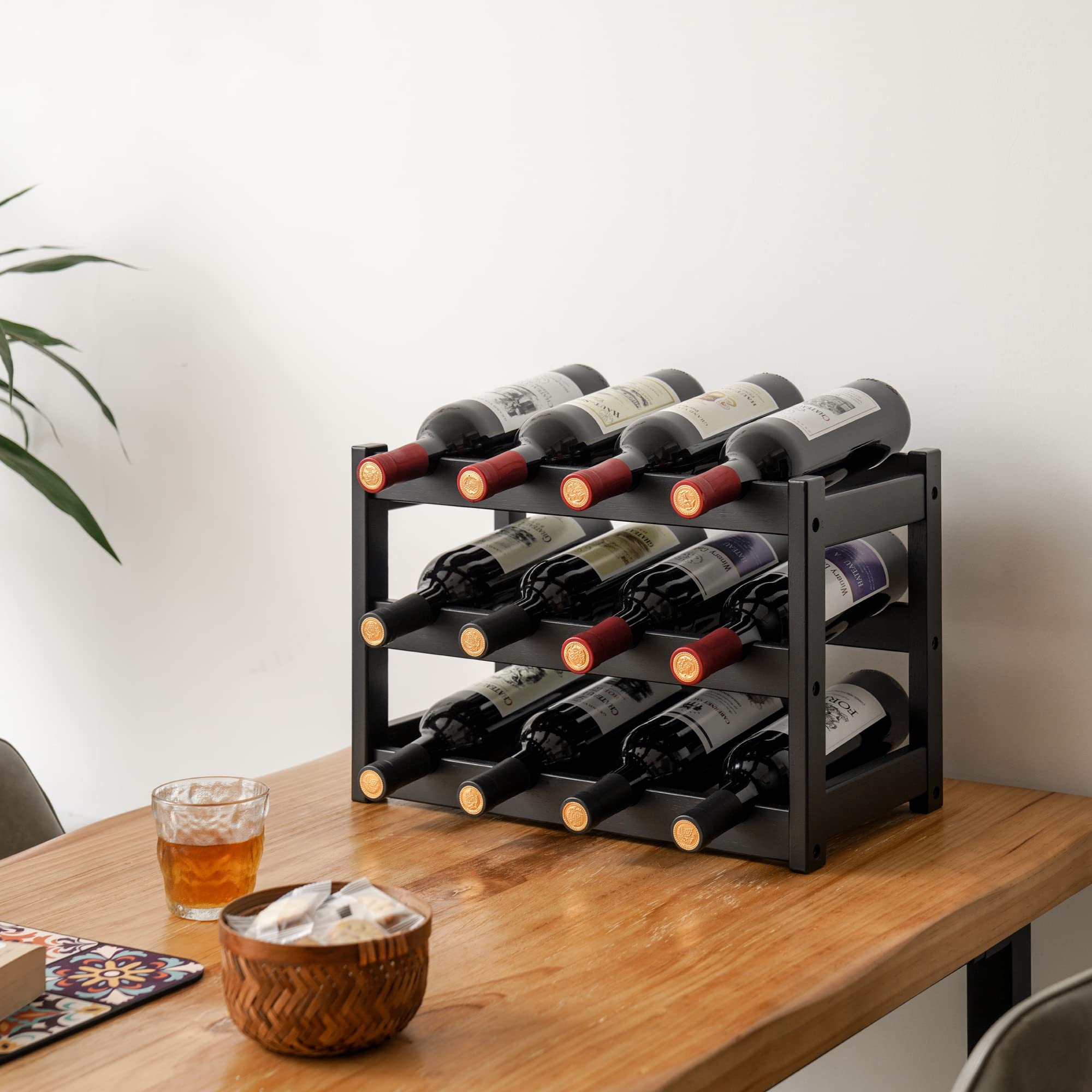 VASMIA Bamboo Wine Rack front view highlights three-tier wave shelves.