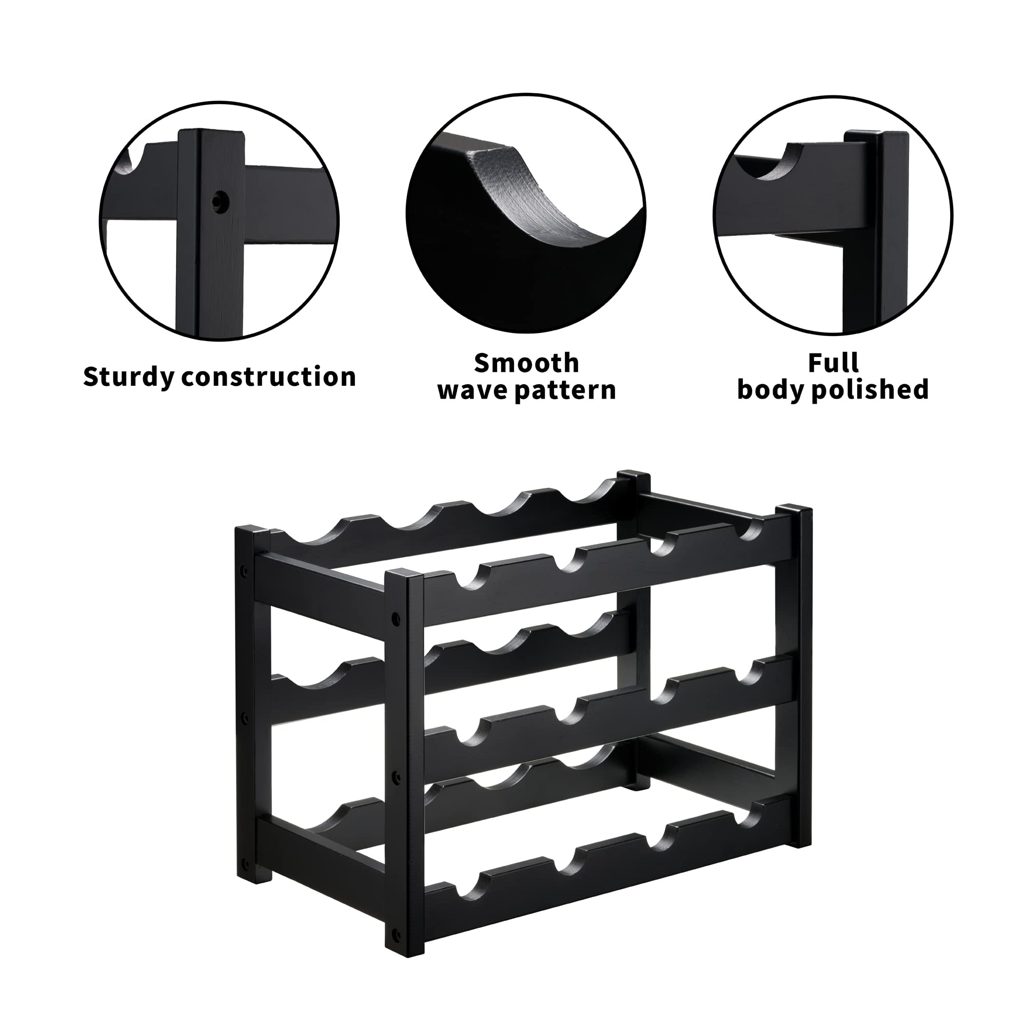 VASMIA Bamboo Wine Rack interior waves cradle bottles securely.