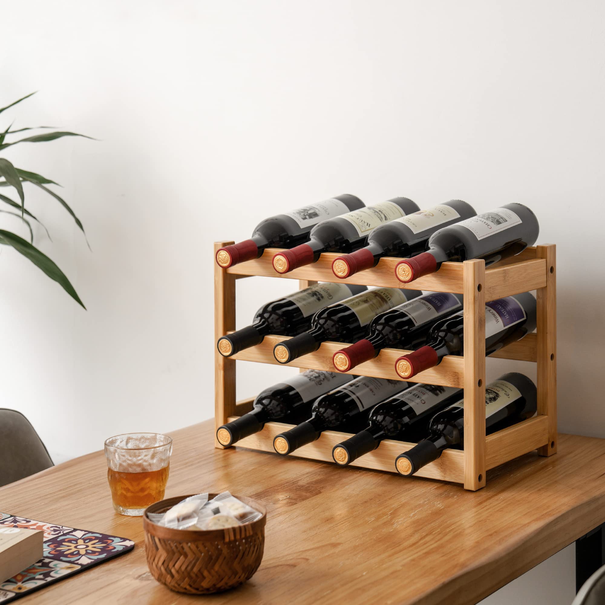 VASMIA bamboo wine rack side view demonstrates sturdy construction and natural finish.