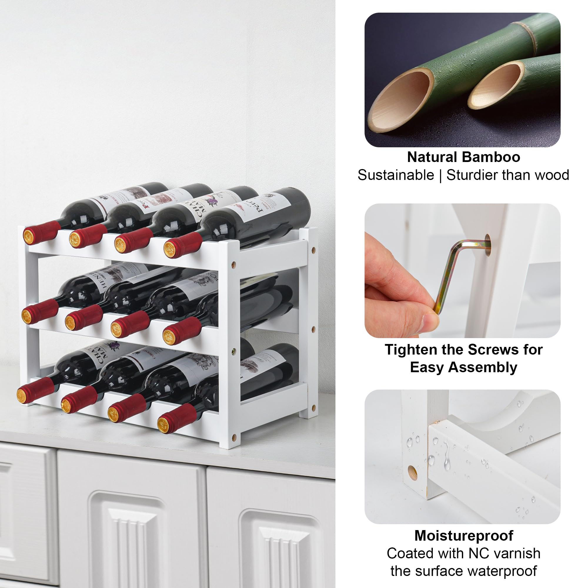 VASMIA bamboo wine rack structural close-up demonstrates wobble-free stability.