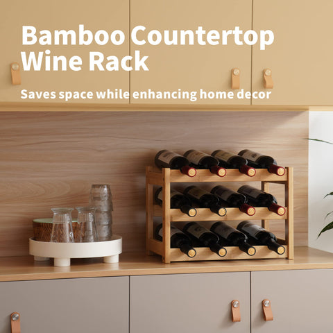VASMIA bamboo wine rack with wave shelves securely holds twelve bottles.