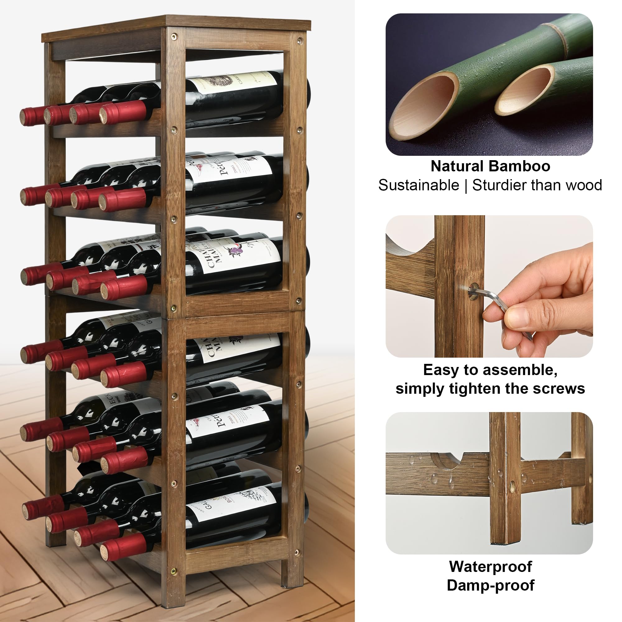VASMIA walnut finish shelf presents a sleek, durable display for your wine collection.