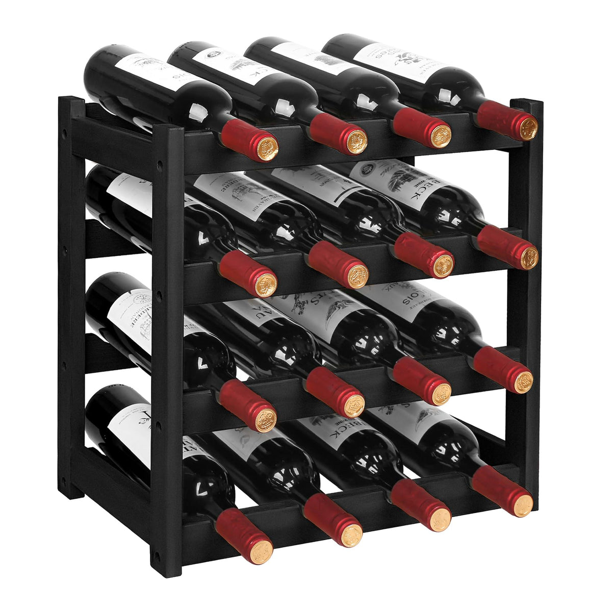 VASMIA wine rack front view on a kitchen counter storing up to 16 bottles.