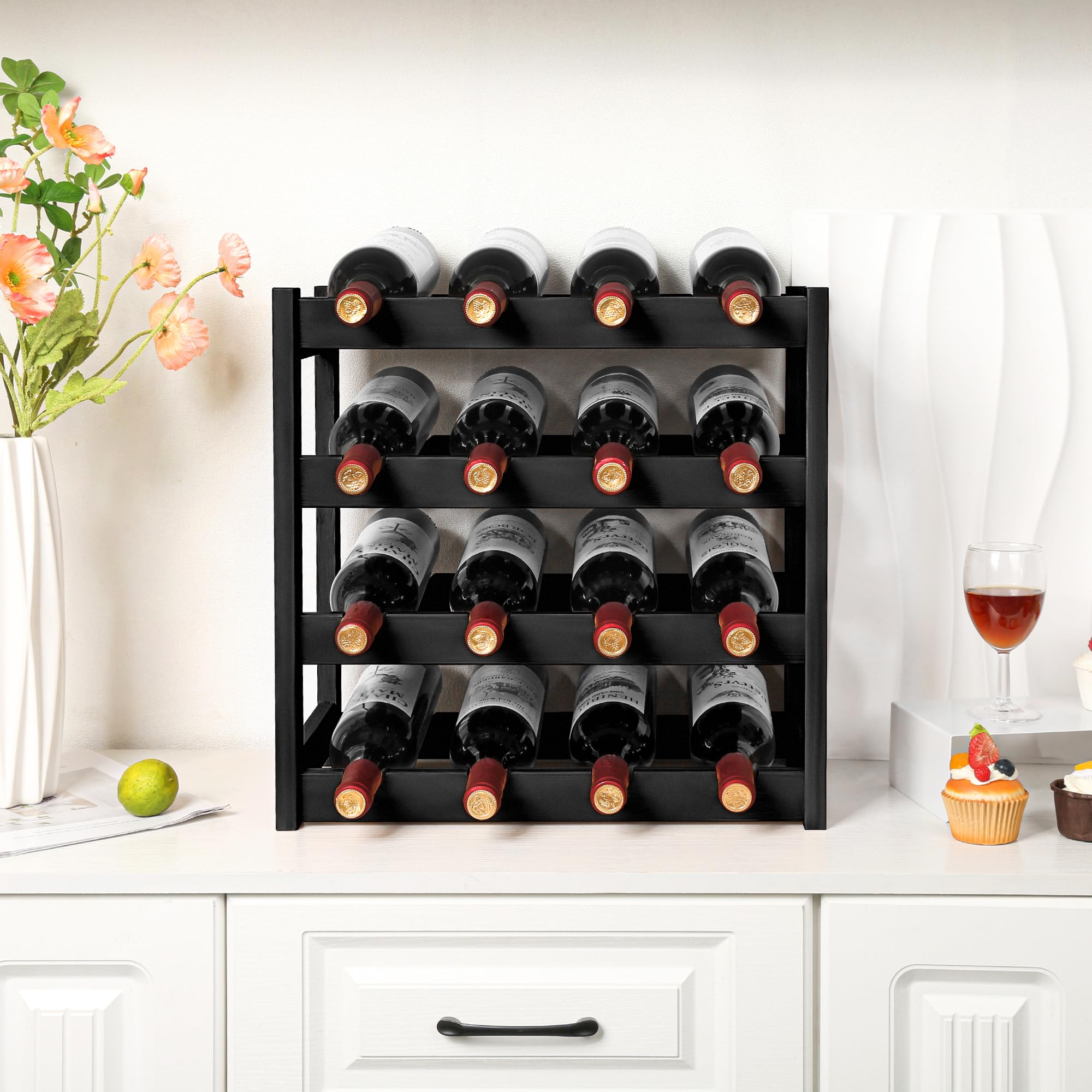VASMIA bamboo rack wave shelves cradle bottles to keep corks moist.