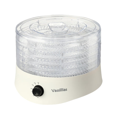 Vassillias small dehydrator with five trays for even drying of fruits and jerky.