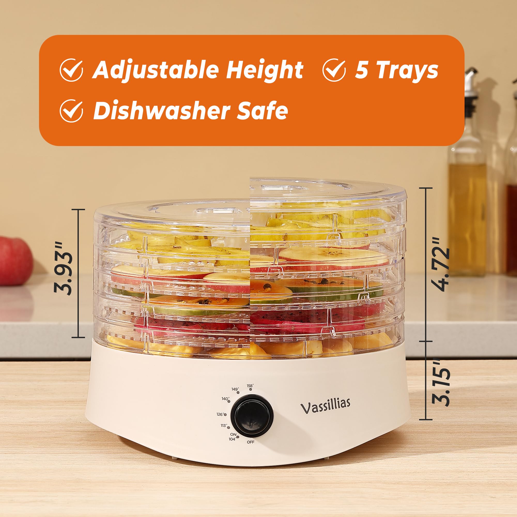 Vassillias dehydrator temperature control allows precise heat for customized drying.