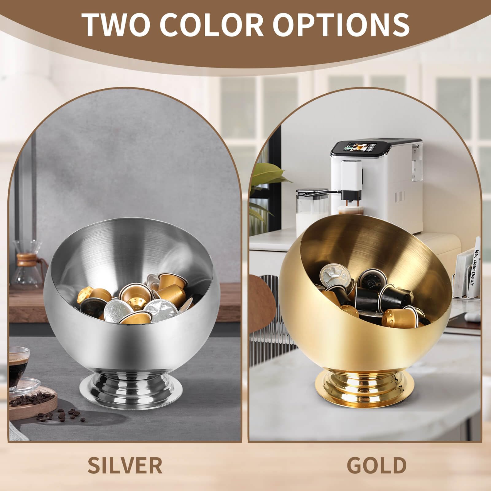 VAWNKUKN coffee pod holder gold side view demonstrates slim profile for tight countertops