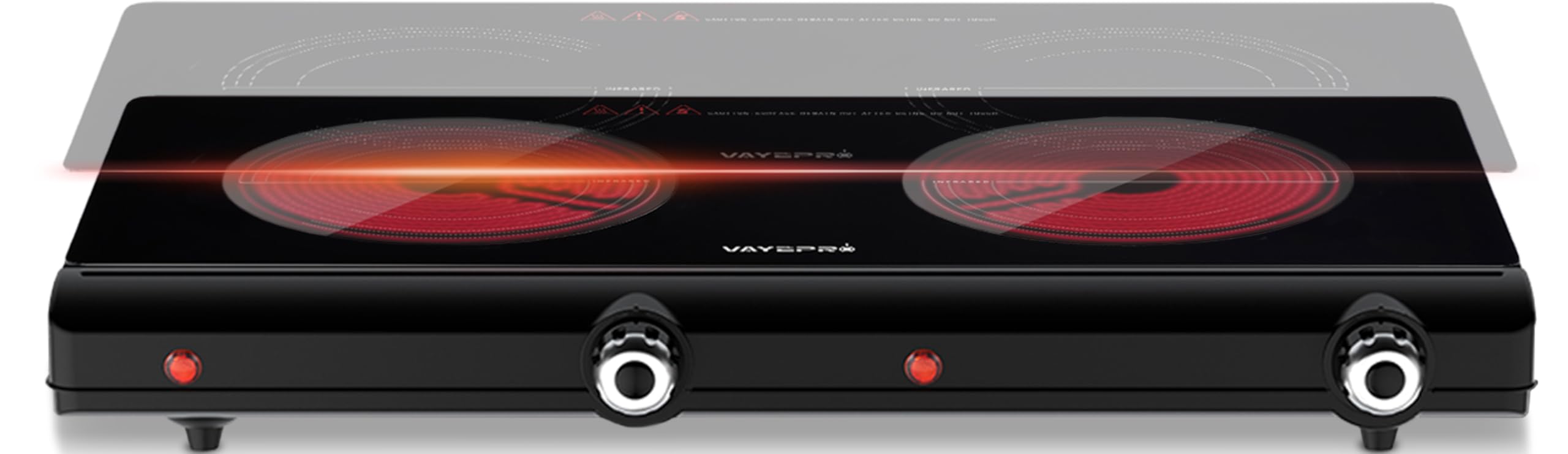 Vayepro infrared double burner front view, compact dorm-friendly stove.