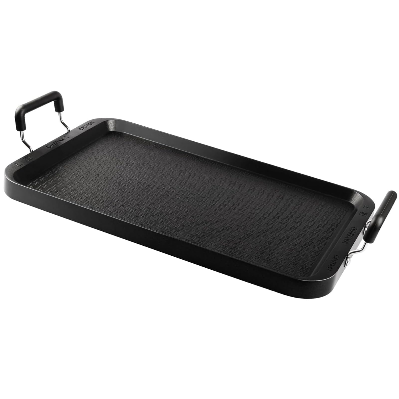 Vayepro 17-inch griddle front view highlights warp-free grid for even cooking.