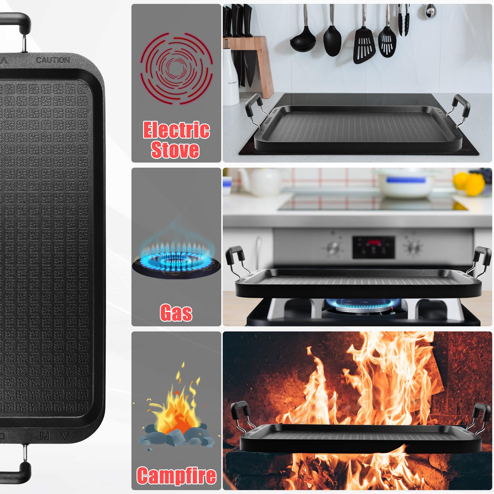 Vayepro 2-burner griddle on stove demonstrates versatile indoor cooking.