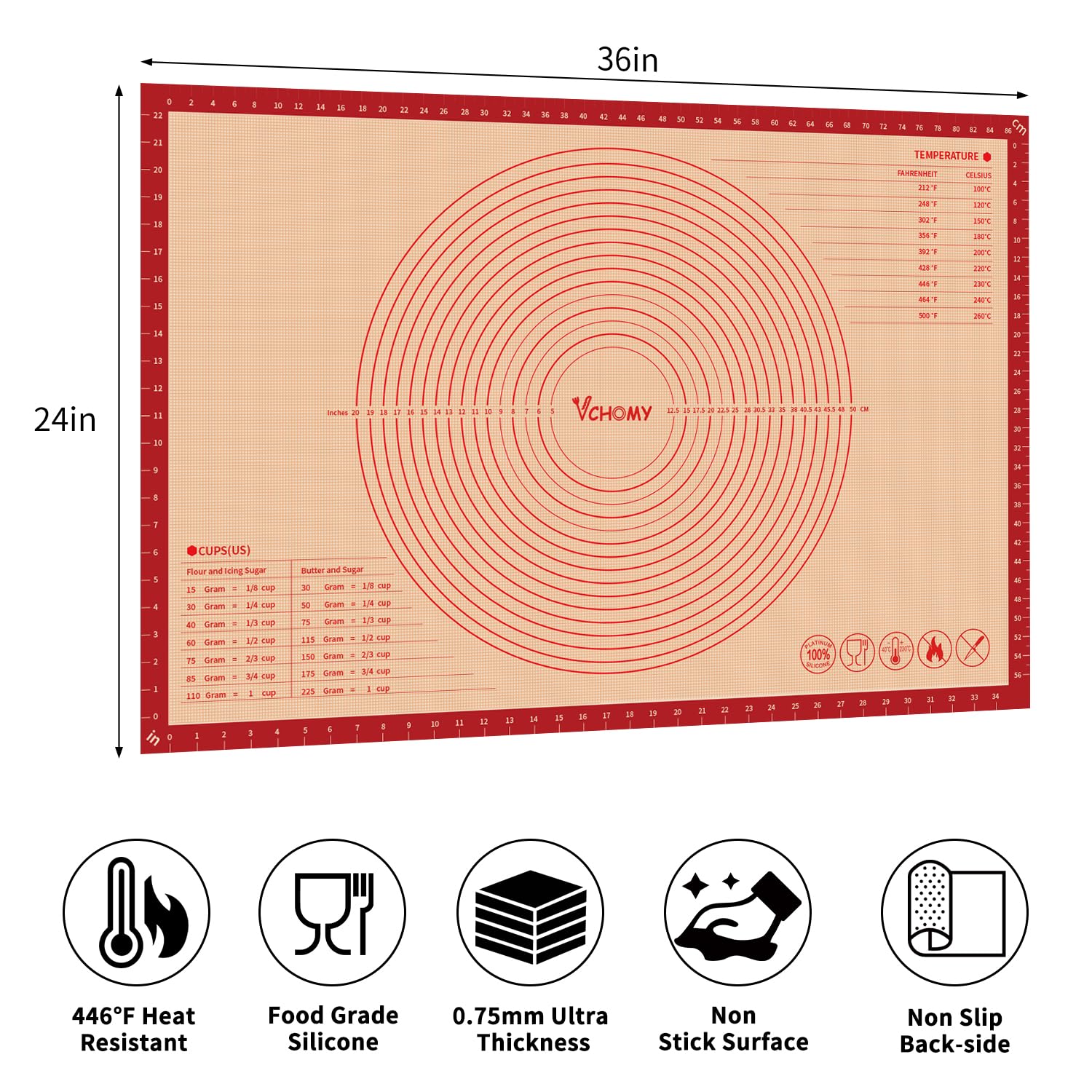 VCHOMY non-slip surface keeps the mat steady during mixing and rolling