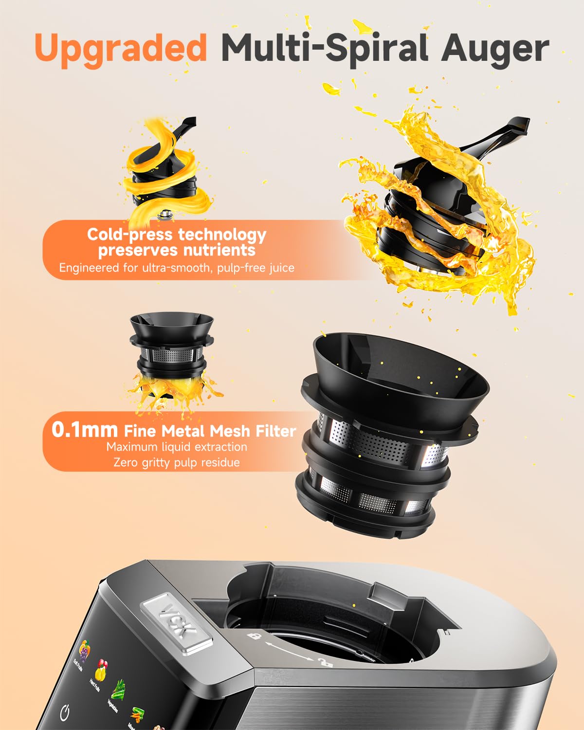 VCK juicer uses 55 RPM masticating technology to preserve flavors and nutrients
