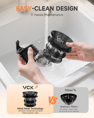 VCK dual-strainer anti-clog system delivers high juice yield with minimal pulp