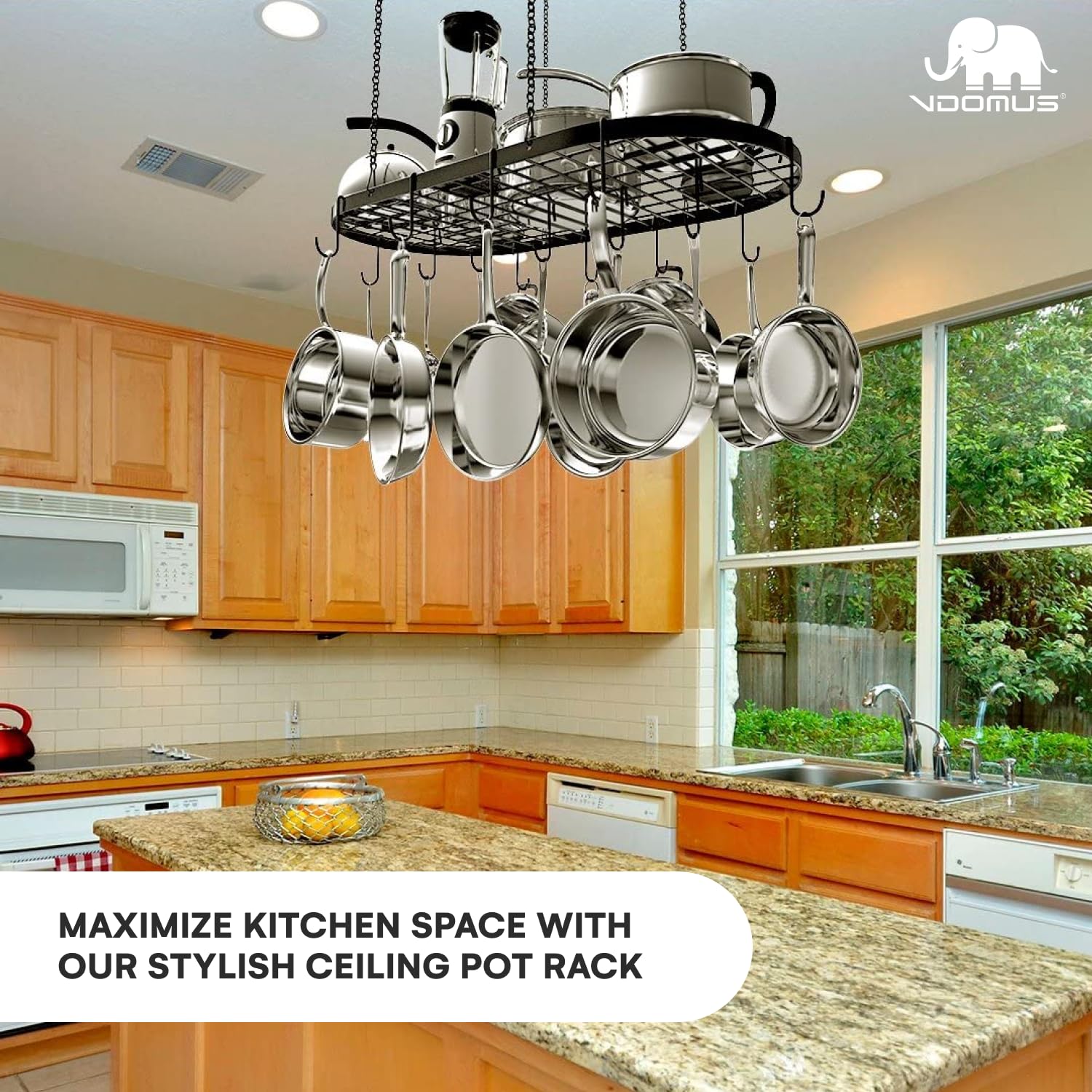 Vdomus pot rack with 15 hooks for quick access to cookware