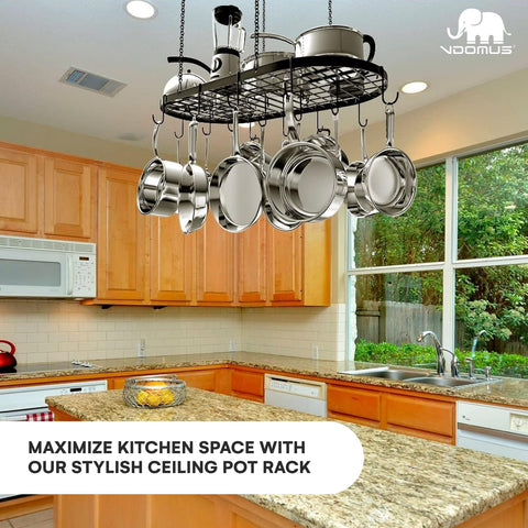 Vdomus pot rack with 15 hooks for quick access to cookware