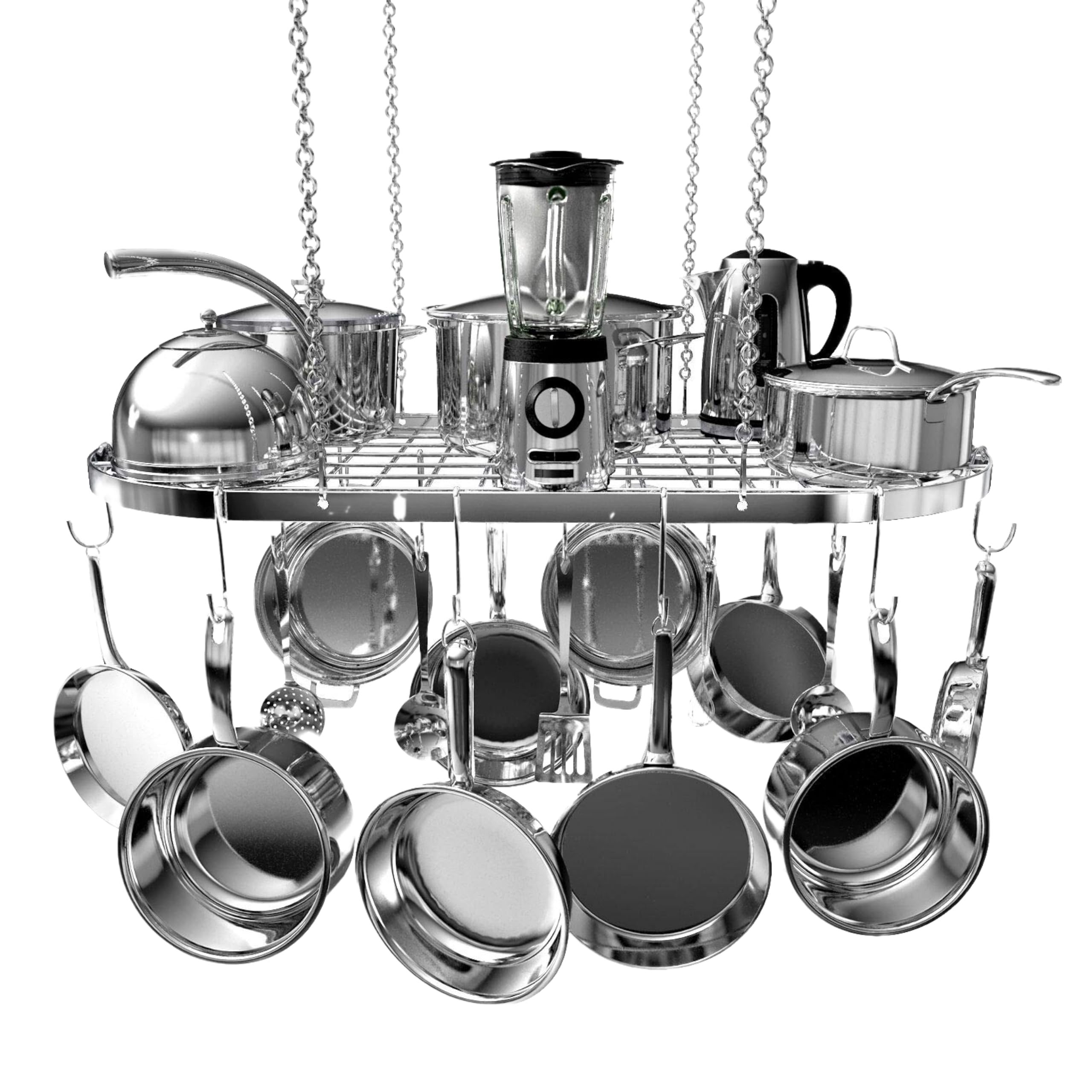 Vdomus hanging pot rack with ceiling mount offering sturdy storage for organized cookware.