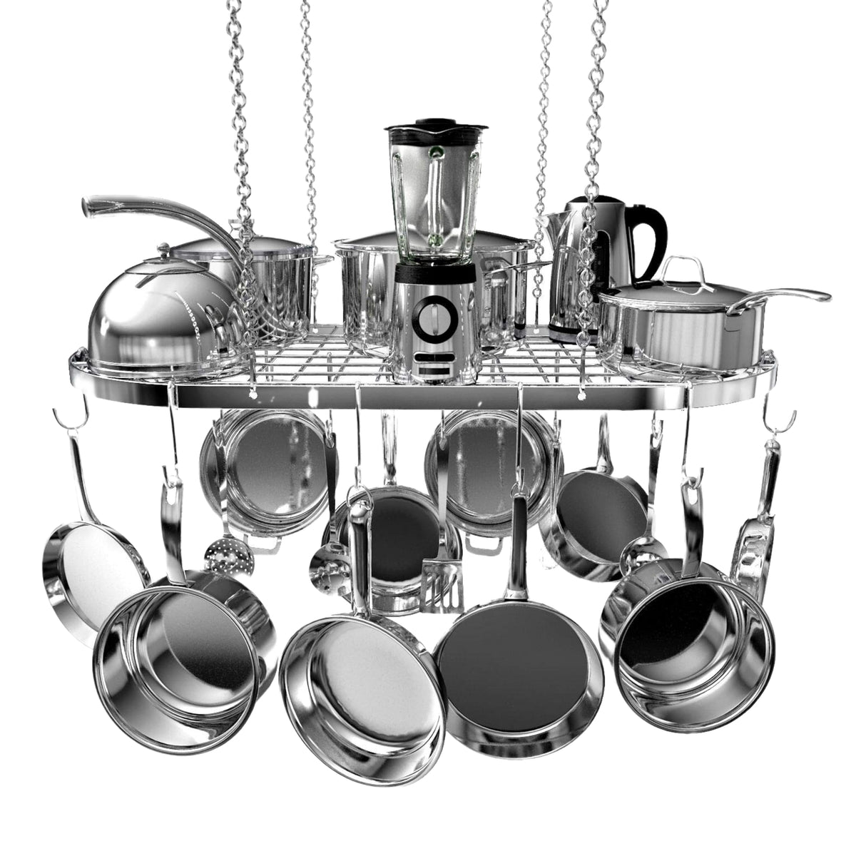 Vdomus hanging pot rack with ceiling mount offering sturdy storage for organized cookware.